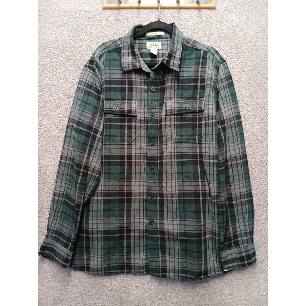 L.L. Bean Chamois Flannel Shirt XL Reg Green Plaid Traditional Fit Heavy